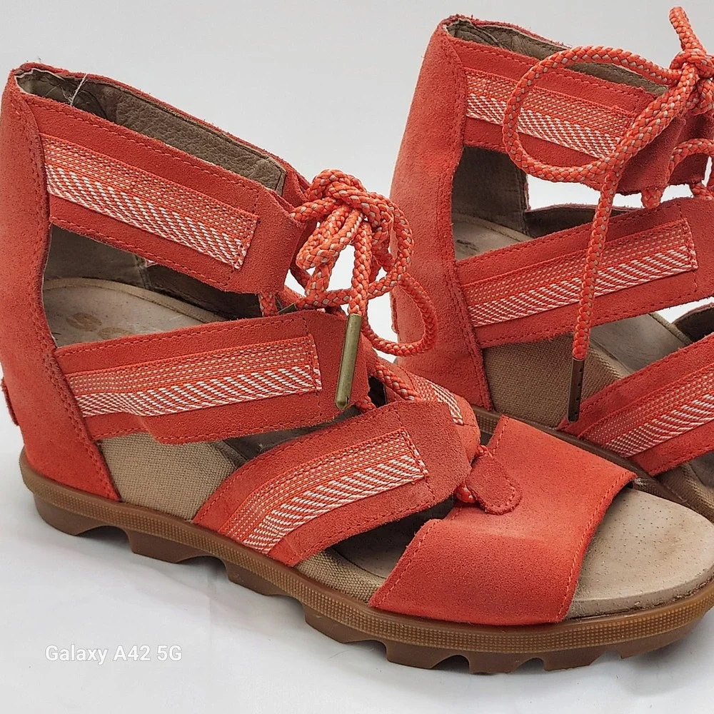Sorel Joanie II Lace Wedge Sandals‎ Red Orange Suede NL3288-864 Womens 8.5